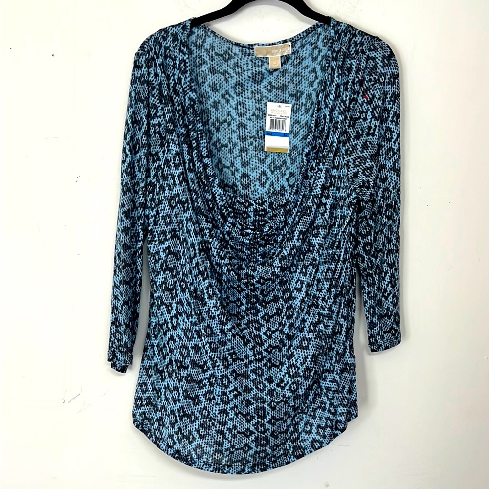 🌞 Michael Kors NWT Elegant Blue & Black Cowl Drape Neck blouse women size XL